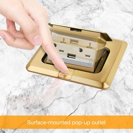ENERLITES Pop-Up Square Floor Box Kit, 5.0” x 5.0”, 2.1A USB Charging, 20A Tamper-Resistant Receptacle, Watertight Gasket and Corrosive Resistant Hardware, 961243-C-USB, Brass Cover