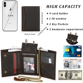 Men's Leather Wallet with Chain Triple Fold Men's Wallet with Coin Compartment Zip Wallet 9 Card Slots Wallet, 6006 Dark Brown, S, Classic