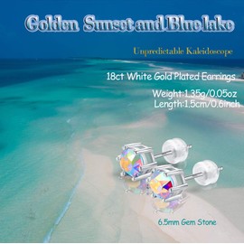 035 925 Sterling Silver,6.5mm Crystal Serial Earring Gemstone Stone, Stud with Gift Box,Men Women (Blue Golden Sea)… (18ct White Gold Plated on Silver)…