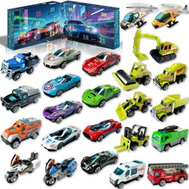 2025 Advent Calendar for Kids, 24 Alloy Cars Christmas Countdown Construction Vehicles Toy Set with Playmat, Racing Stocking Stuffer Toys, Vehicles City Party Favor Toys Gift for Boys Girls Children