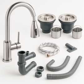 KARBI - Kit Accesorios de Fregadero Cocina - Grifo Mezcladora Acero Inoxidable + 2 Contracanasta con Tapa de Sellado y Colador + Céspol flexible +