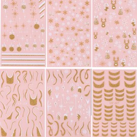 6 Sheets Glitter Christmas Nail Art Stickers Decals,Rookii 3D Self-Adhesive Snowflake Nail Decals,Gold Silver White Snowflake Xmas Tree Winter Nail Design DIY for Women Girls (Gold)