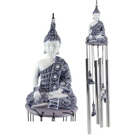 Ebros Gift Feng Shui Buddhism Buddha Amitabha Meditating in Bhumisparsha Mudra Figurine Crown Top Resonant Wind Chime with Miniature Ornamental Buddhas for Garden Patio Home Decorative Accent