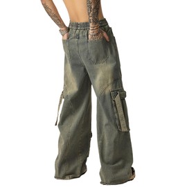 Bakyarder Men's Vintage Washed Cargo Jeans, High Waist, Baggy Wide Leg, Unisex Streetwear with Multiple Pockets Blue Large