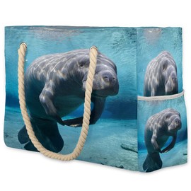 Manatee Beach Bag Large Sandproof Beach Tote Bag Durable Travel Tote Bags Top Zipper Closure Pool Bag With Wet Compartment Gym Tote Carry On Bag Weekender Bag A9