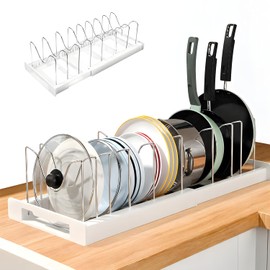 Pot Lid Holder, Pan Organiser Drawer with 10 Adjustable Dividers, 30-56 cm, Rib Holder, Stainless Steel, Adjustable Lid Holder, Extendable Non-Slip Pan Holder for Kitchen (White)