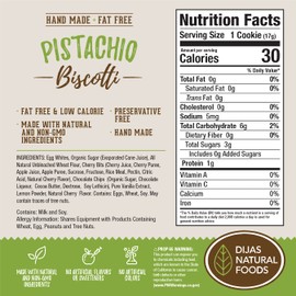 DIJAS Natural Foods, Individually Wrapped Fat Free Biscotti Cookies, All Natural Preservative Free Ingredients, Delicious Low Calorie Snack (12 oz, Pistachio)