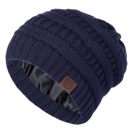 Zando Womens Beanie Hats for Women Men Satin Lined Beanie for Women Warm Winter Hats for Women Unisex Slouchy Beanies for Women knit Beanie Thick Womens Beanies for Winter Navy Blue Beanie Hats
