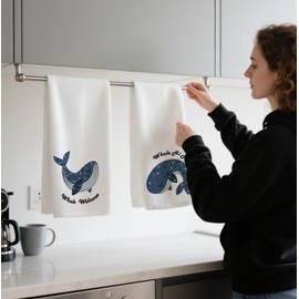 Nihilform 2-Pack Whale Themed Waffle Towels,Whale Hand Towels, Welcome & Hi There Dish Tea Towel 16x24 Inch. Funny Coastal-Style Kitchen Decor,Gift for Sea Lovers On Birthdays Or Housewarmings.