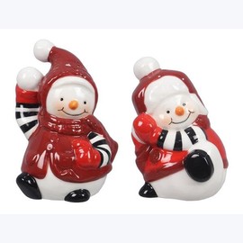 The Bridge Collection Snowmen in Red Winter Coats Ceramic Salt and Pepper Set - Holiday Winter Snowman Salt and Pepper Shakers