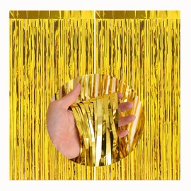 CC wonderland zone Pack of 2 Gold Tinsel Curtains - Metallic Foil Curtains (1 m x 2 m) Tinsel Curtain for Party Decoration