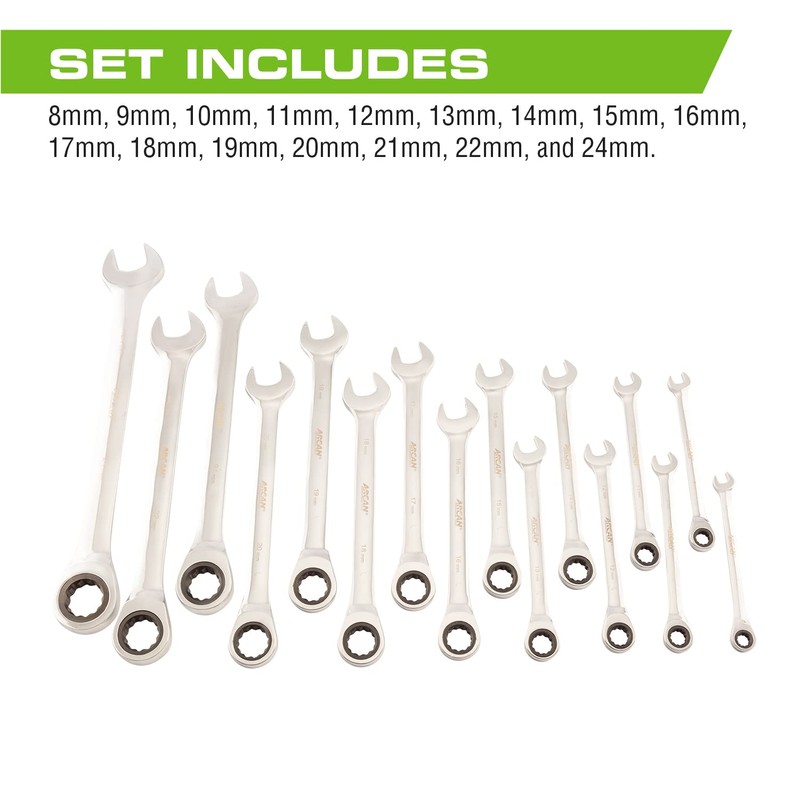 ARCAN ARW16M Metric Ratcheting Combination Wrench Set, 16-Piece