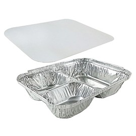 PACTOGO 3-Compartment Aluminum Foil Oblong Pans with Board Lids - Disposable TV Dinner Trays - Ideal for Meal Prep REF#2045 (Pack of 100)