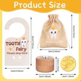 YXSJAS 1 Set/4Pcs Wooden Tooth Fairy Box Tooth Fairy Door Hanger Tooth Fairy Box with Storage Pouch Gold Foil Reward Coin Wooden Doorplate Tooth Fairy Coin for Tooth Loss Baby Birthday Gifts