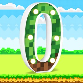 AXBMM 8.5" Pixel Game Light up Numbers Sign Pixel Pattern Game Theme Birthday Party Decorations Night Light Pixel Game Party Supplies (Number 0)