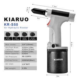 KIARUO Pneumatic Rivet Gun 3/16" 5/32" 1/8" 3/32",KR-S50 with 1 Set of Extra Jaws, Air Hydraulic Riveter Tool kit for Aluminium, Steel and Stainless Steel Rivets