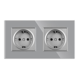 JIMEIDA Double Socket Glass 2 Compartments, 16 Amp Tempered Glass Panel Standard Socket Grey Protective Contact Wall Socket 157 x 86 mm 250 V