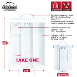 Outdoor Real Estate Brochure Box, Attached Yard Stake, Holds 250 8.5 x 11 Documents and 60 Business Cards, Flyer Literature Marketing Stand (White, 2 Pack)
