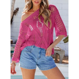 EVALESS Spring Tops Beach Cover Ups for Women 2025 Short Sleeve Crochet Hollow Out Summer Sweaters Crew Neck Lightweight Pullover Sweater Resort Wear Vacation Outfits Womens Clothes, Pink X-Large
