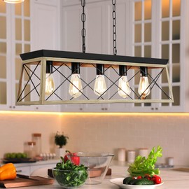 Dining Room Light Fixture/Chandelier Over Table, 5-Light Kitchen Island Lighting Hanging for Farmhouse Linear Chandeliers Matte Black Rustic Wood Pendant Ceiling Light Fixtures