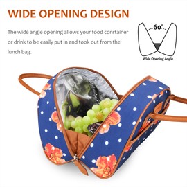 Tirrinia Insulated Lunch Bag for Women w/Leather Handle, Reusable Flower Tote Bag for Men, Fashionable Cooler Lunch Box for Working/Picnic - Blue Floral