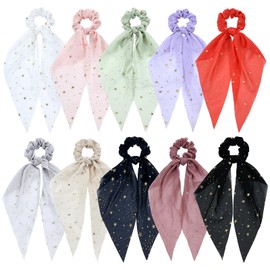 Lawie 10 Pack Solid Star Silky Satin Chiffon Hair Ties with Long Tail Ribbon Hair Bow Scarf Hair Scrunchies Ribbons Ponytail Holders Scarves Headbands Scrunchy Hair Bands Accessories for Women Girls