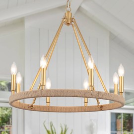 ASHUAQI Gold Wagon Wheel Chandelier 8 Light Modern Farmhouse Round Chandeliers for Dining Room Rustic Vintage Pendant Light Fixtures for Living Room Foyer Entryway, Bedroom, Kitchen