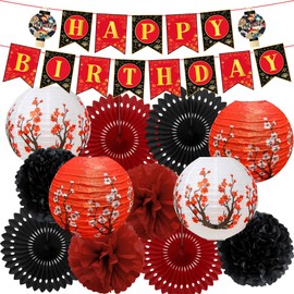 VorkiVecKi Hibachi Birthday Party Decorations - 14 Pcs Red Black Gold Cherry Blossom Banner Paper Fans Lanterns Honeycomb Balls Pom Poms Set, Japanese Style Happy Birthday Party Supplies for Men Women