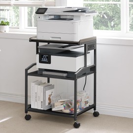 Lauren&Harold 34'' Printer Stand with Storage 3-Tier Printer Table with Power Outlets and USB Ports, Rolling Printer Cart with Adjustable Shelf, Large Black Printer Stand with Wheels for Home Office