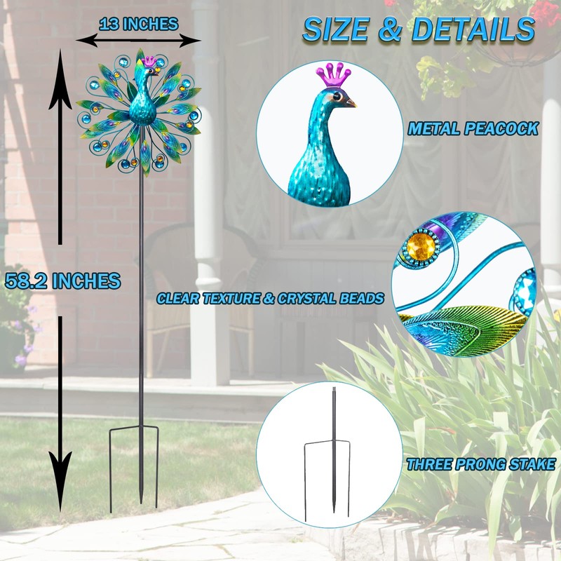 VEWOSTAR Outdoor Wind Spinner 58" Metal Peacock Wind Spinner Double