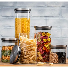 Set of 5 Glass Kitchen Canisters with Airtight Stainless-Steel Lid - Dishwasher Safe, Storage Jars for Kitchen, Bathroom & Pantry Organization, Ideal for Flour, Sugar, Coffee, Cookie Jar, Candy, Snack