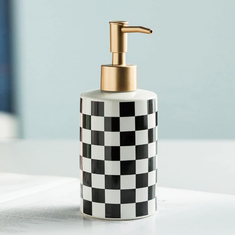 Checkered Ceramic Soap Dispenser White and Black,Liquid Lotion Dish Hand