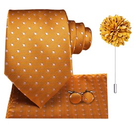 Hi-Tie Mens Tie Pocket Square Set Cufflinks Lapel Pin Silk Ties for Men Wedding Party Formal Business,Orange White Dot