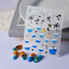 Summer Nail Stickers 5D Embossed Engraved Nail Decals Coconut Tree Sea Wave Seagull Nail Designs Stickers Summer Nail Supplies Relief Acrylic Nail Art Stickers for Women Girls Nail Art Decorations