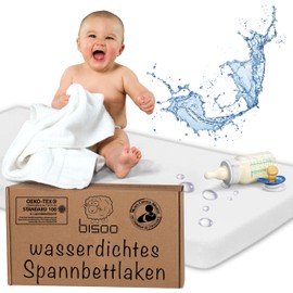 Bisoo 30 x 75 cm Waterproof Fitted Sheet for Prams, Bassinets, Moses Baskets, Pram Mattress Cover, 2-in-1 Fitted Sheet, Mattress Protector Made of 100% Cotton Jersey, Oeko-Tex, 1 Piece, White, 75 x 30