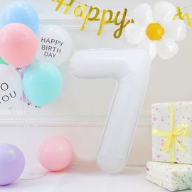 YFHVJTKO 40 Inch White Number 7 Daisy Balloons Set，Happy 7th Birthday Party Decorations, 7 Daisy Balloons, 7th Daisy Foil Balloons for Party, Birthday, Baby Shower, Wedding Deco (White set 7)