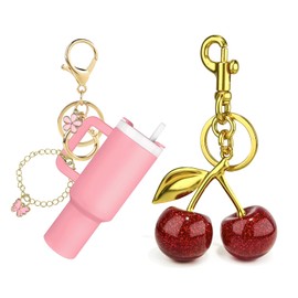 ERTUNA 2pcs Mini Tumbler Keychain & Glitter Cherry Bag Charm, Christmas Gift Cute Charms for Women Purses and Hand Bags - Pink
