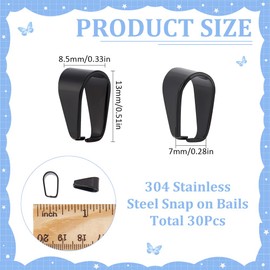 SUNNYCLUE 1 Box of 30 Pinch Bails Stainless Steel Pendant Bail Black Snap On Bails Slider Pendant Clasp Open Clip Bails Hook Pendant Clasps Necklaces Chains Slider Connector for Jewellery
