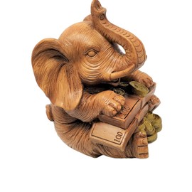 Elephant Wealth Figurine 16x13cm – Feng Shui Money Lucky Charm – Home & Office Prosperity Decoration – Wooden Effect Elephant with Gold Coins & Banknotes – Fortune & Success Ornament