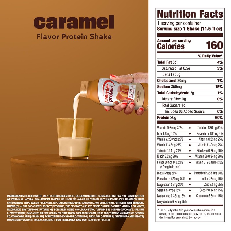 Premier Protein Shake, Caramel, 30g Protein, No Added Sugar, 24