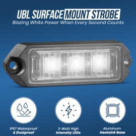 UBL 3 LED Surface Mount Emergency Vehicle Light - For Firefighters, Police, EMS, or any First Responder - 11 Flash Patterns - Wide 120° Light Spread – Aluminum Heatsink Base (White)