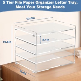 Leffis Paper Organizer Tray, 5 Tier Clear Acrylic Desk Organizers and Accessories, Letter Tray Organizer, Acrylic Desk Organizer, Office Desktop Organizer, for Home School Desktop Organization