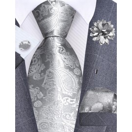 GUSLESON Light Grey Tie for Men Paisley Wedding Silver Necktie Pocket Square Cufflinks and Lapel Pin Brooch Set (6105-13)