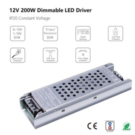 BENLUN Constant Voltage 12V 200W 16,7A Dimmable LED Driver, LED Transformer IP20, AC 110V Triac Power Supply, LED Adapter for Strip Light, Computer Project