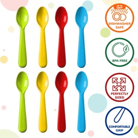 PLASKIDY Plastic Kids Spoon Set of 18 - BPA Free, Dishwasher Safe Reusable Children's Cutlery - Brightly Colored Toddler Flatware Set