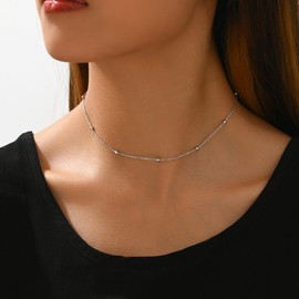 Mauzew Dainty Chain Necklace for Women White Gold Simple Satellite Beaded Choker Necklace Delicate Thin Chain Necklaces Everyday Jewelry