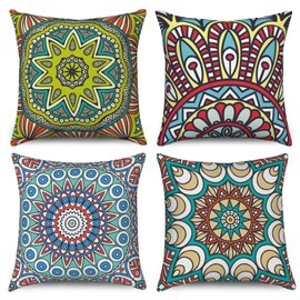 Boho Cushion Covers 45 x 45 cm Set of 4, Hnmdmyi Bohemian Farmhouse Retro Floral Mandala Compass Medallion Decorative Throw Pillow Covers Linen Pillowcases for Sofa Couch Bed Garden Outdoor Home Decor
