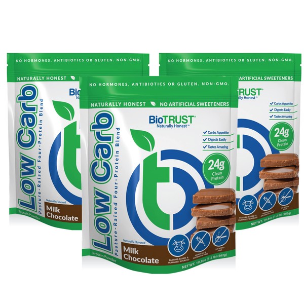BioTrust Low Carb Natural and Delicious Protein Powder Whey and Casein Blend from Grass-Fed Hormone Free Cows, Non GMO, Soy Free, Gluten Free, Hormone and Antibiotic Free (Chocolate, 3-Pack)