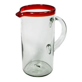 Straight Pitcher, Red Rim, 100 oz, Hand Blown by Mexican Artisans from 100% Recycled Cola Bottles, Eco-Friendly, Sustainable, Expert Craftsmanship, passed down through Family Generations