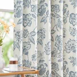 jinchan Floral Curtains Burlap Look Curtain 96 Inch Long Faux Linen Blue Flower Patterned Drapes for Living Room Light Filtering Farmhouse Curtain Rod Pocket Window Curtains for Bedroom 2 Panels